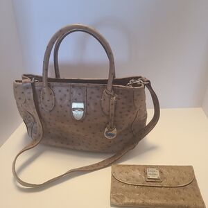Dooney Bourke Ostrich brown/ Tan purse handbag w shoulder strap And Wallet.